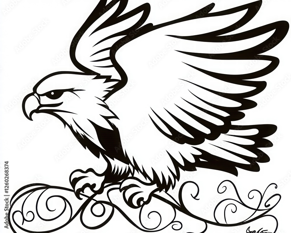 Fototapeta premium Black and White Illustration of a Stylized Eagle with Wings Spread Above Ornate Scrollwork