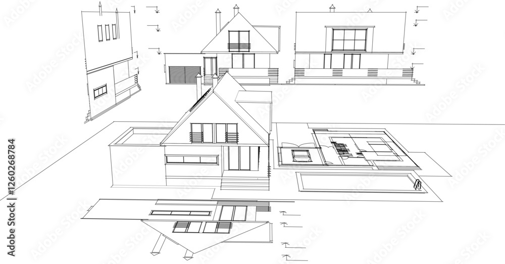 Fototapeta premium traditional residential architecture house sketch 3d illustration