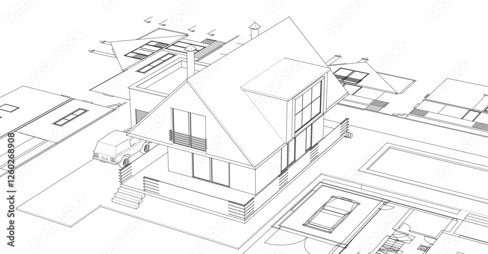 Fototapeta premium traditional residential architecture house sketch 3d illustration
