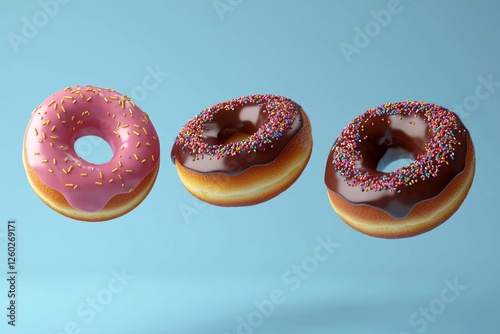 Brightly colored donuts featuring a pink icing with sprinkles, a rich chocolate glaze, and a classic glazed variant invite sweet indulgence