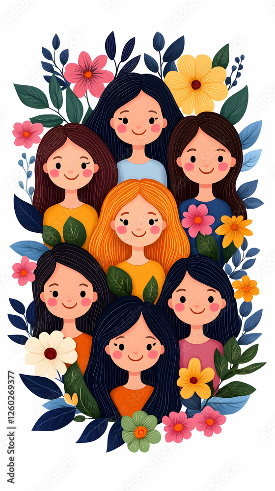 Group of diverse women smiling, surrounded by vibrant flowers and lush foliage Group of diverse women smiling, surrounded by vibrant flowers and lush foliage