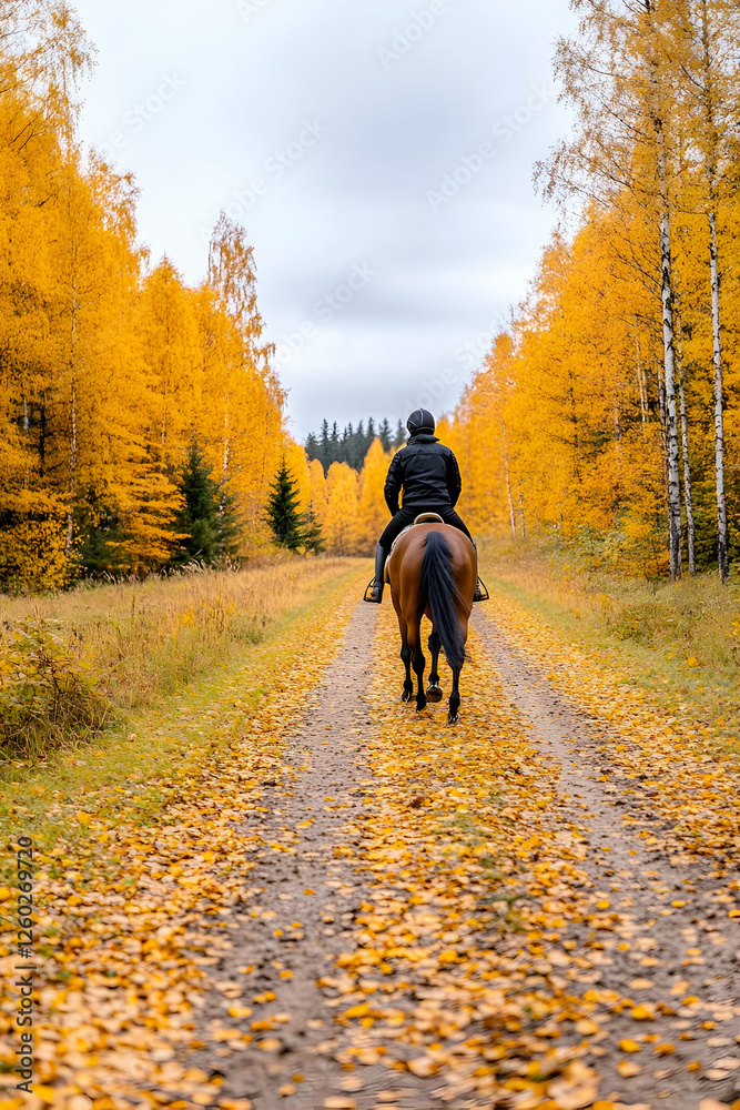Fototapeta premium Horseback riding on a path in an autumn forest; for travel and outdoor lifestyle