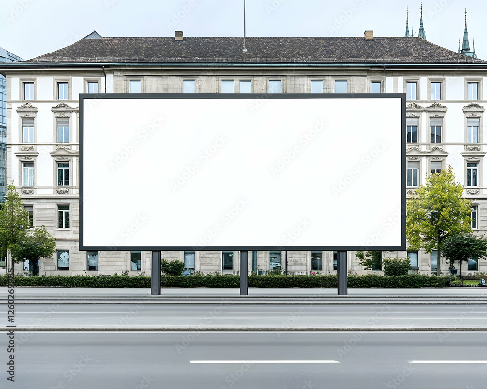 Large blank billboard stands in a city center street, ready for a new campaign Large blank billboard stands in a city center street, ready for a new campaign