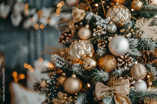 Close up of balls on christmas tree. Bokeh garlands in the background. New Year concept. Neural network ai generated