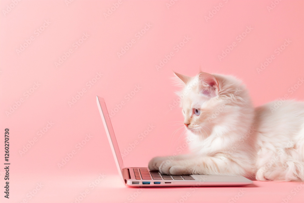 A focused tabby cat using a laptop, with a pink background, looking like it’s hard at work.