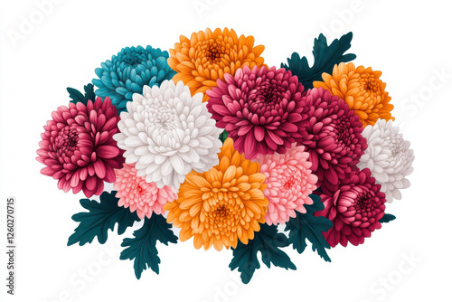 Vibrant bouquet of chrysanthemums in various colors, perfect for floral designs. isolated on white background.