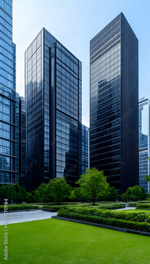 Modern city skyscrapers with lush green space. Possible use Stock photo for business, architecture, or urban landscape Modern city skyscrapers with lush green space. Possible use Stock photo for business, architecture, or urban landscape