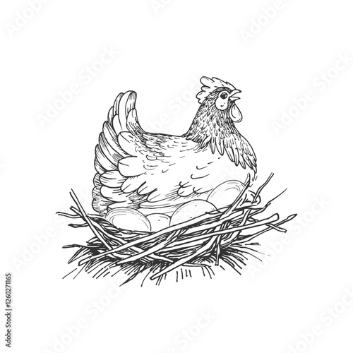 Hen, eggs, nest vector illustration hand drawn with ink and isolated on white background. Graphic sketch of chicken. For farm products and eggs packaging design