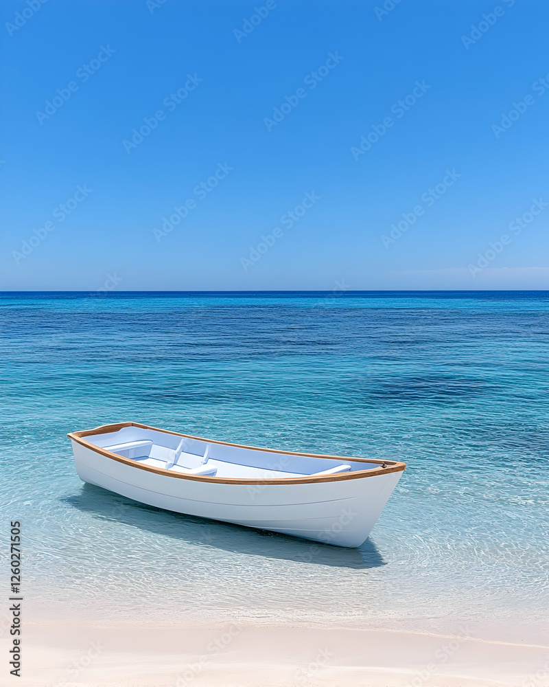 Peaceful white boat on tranquil beach Peaceful white boat on tranquil beach