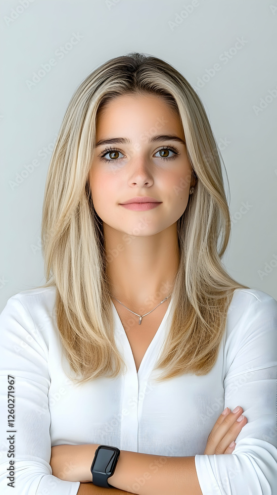 Portrait of a Woman Smiling with Arms Crossed, standing against a plain backdrop Portrait of a Woman Smiling with Arms Crossed, standing against a plain backdrop