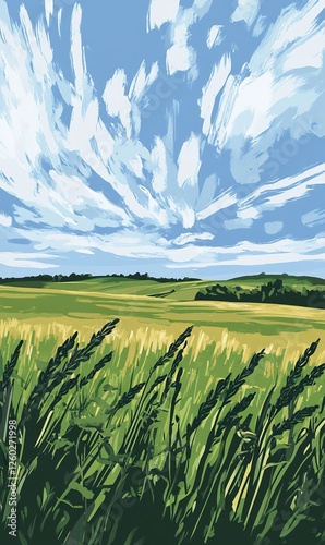 Golden wheat field under a bright cloudy sky, ideal for nature or agriculture themes