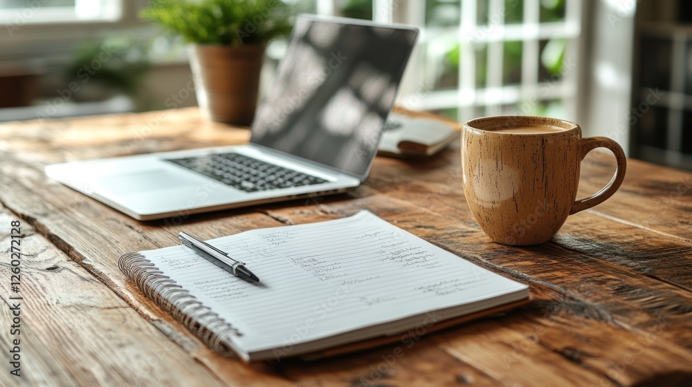 Obraz premium Home office workspace with laptop, coffee, and notebook