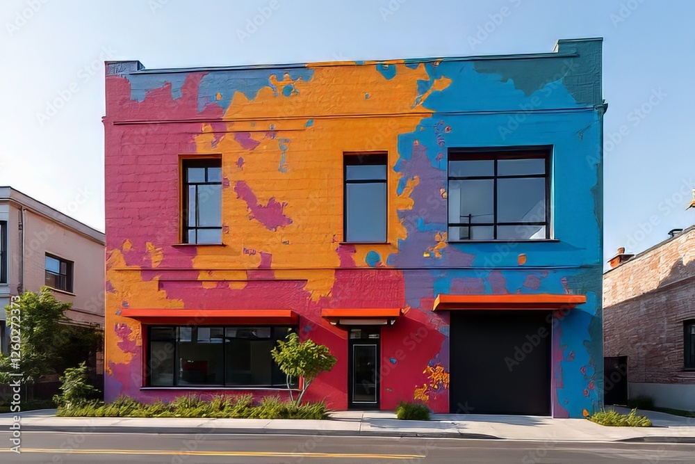 Vibrant Multi-Colored Building Facade with Modern Windows and Garage Door Vibrant Multi-Colored Building Facade with Modern Windows and Garage Door