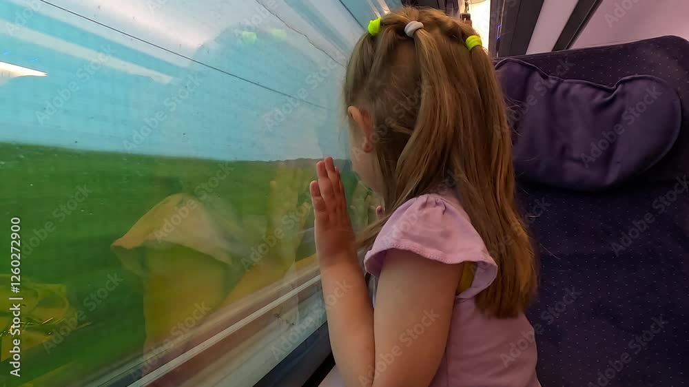 A little girl gazes out the train window, watching the rain gently fall on the moving landscape. The scenery blurs as the train moves forward, with raindrops collecting on the glass.