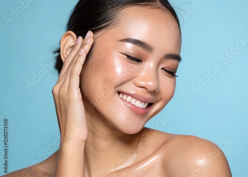 Skin care. Woman with beauty face touching healthy facial skin portrait. Beautiful smiling asian girl model with natural makeup touching glowing hydrated skin on blue background closeup