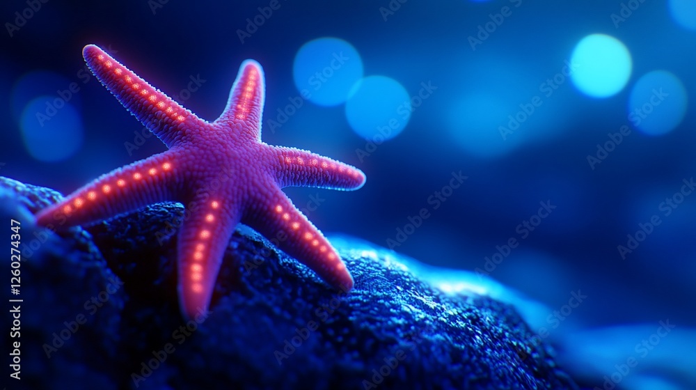 Crimson starfish in the ocean's serene depths with glowing details Crimson starfish in the ocean's serene depths with glowing details