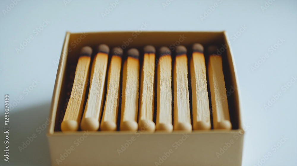 Burnt matches. A box filled with burnt matches is seen close up. Each match has a light wooden handle with the burnt remains of the head.