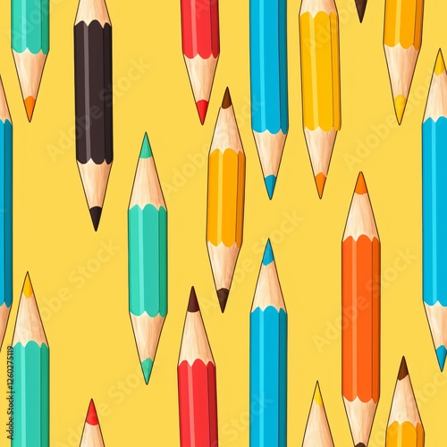 Back to school seamless pattern of colored pencils on yellow background photo