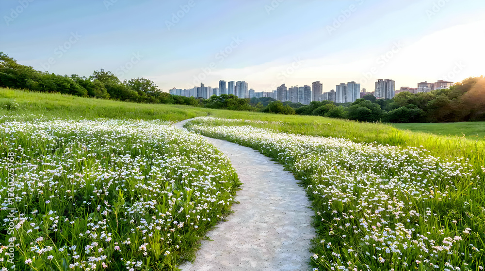 Obraz premium Winding path through daisy field, city skyline backdrop; nature escape