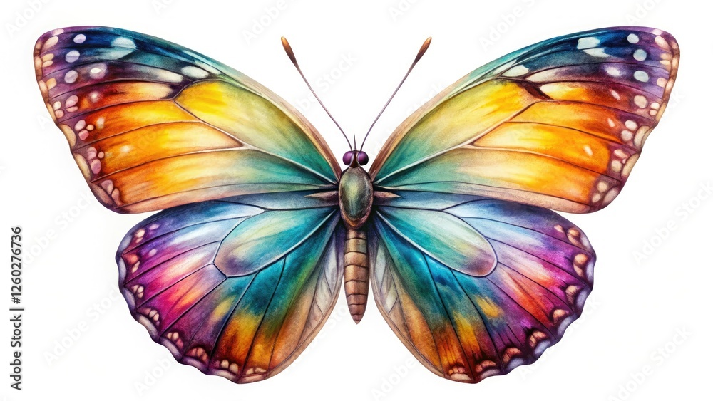 Fototapeta premium A colorful butterfly, exquisitely detailed, rendered in watercolor style, macro photography on white.