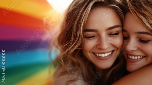 Two friends embracing warmly and smiling, framed by a brightly colored rainbow flag, representing friendship, acceptance, and positivity in a radiant setting. photo