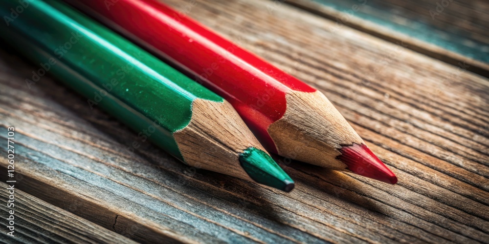 Fototapeta premium A documentary photography study: intimate portraits of red and green pencils in a close-up still life.