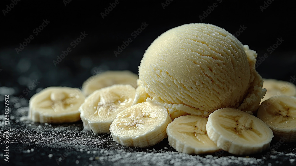 Vanilla ice cream scoop on dark surface, banana slices Vanilla ice cream scoop on dark surface, banana slices