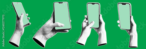 Collection of retro halftone hands holding smartphones with empty screens. Modern art halftone collage with human palms and mobile phones.  Vector  illustration.