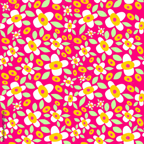 Seamless spring or summer floral vector pattern. Surface design with small plants: flowers, leaves  on a pink background.
