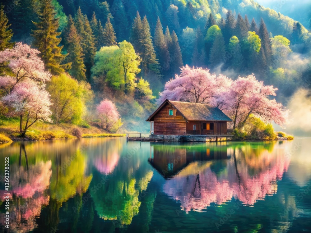 Fototapeta premium AI-generated fantasy: a spring cabin dreamscape, double exposed, surreal lakeside magic.