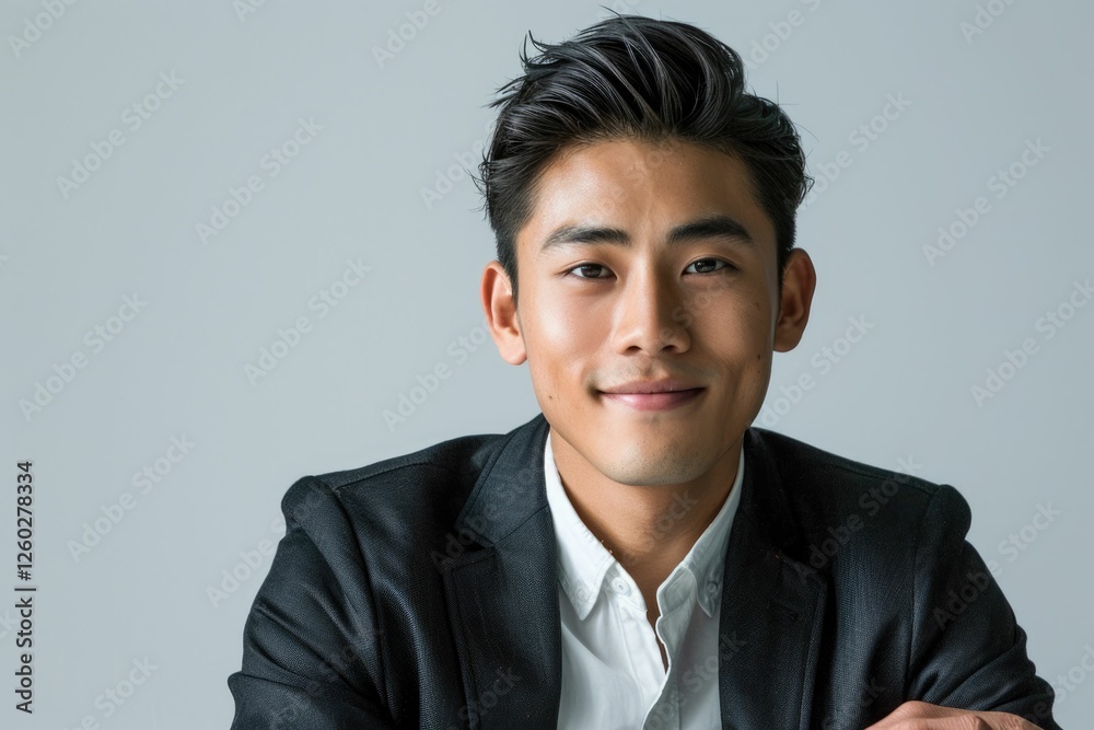 Portrait of a young Asian man in a black blazer, smiling subtly against a neutral background. Portrait of a young Asian man in a black blazer, smiling subtly against a neutral background.