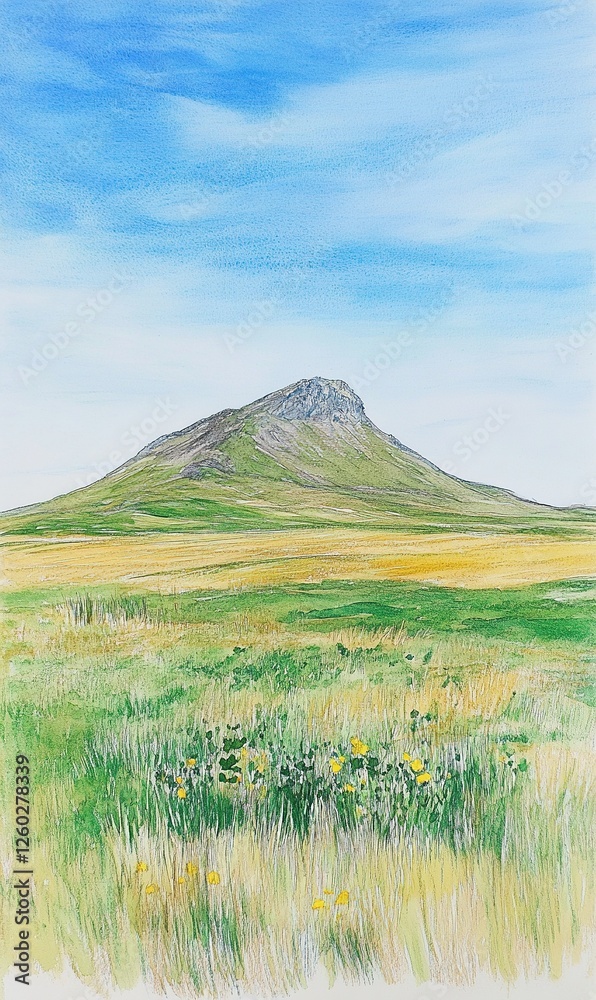 Obraz premium Lone mountain rising above colorful meadow under blue sky, ideal for nature and travel promotions