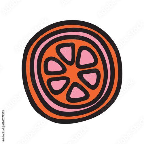 Citrus orange or grapefruit doodle icon hand drawn with black line in freehand style and colored. Vector illustration isolated on white background