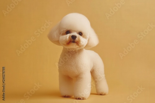 Professional photo of a playful Pomeranian with a perfectly trimmed teddy bear cut, standing on a pastel beige background, looking happy and confident 