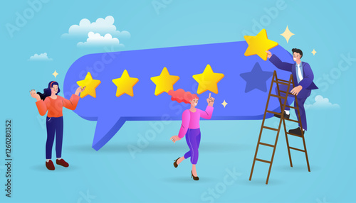 Achieving success and the best business results through excellent customer feedback. A group of characters gives a five-star rating, symbolizing top quality, satisfaction, a positive user experience.
