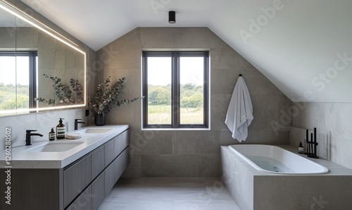 Modern attic bathroom with double sink, bathtub, and countryside view