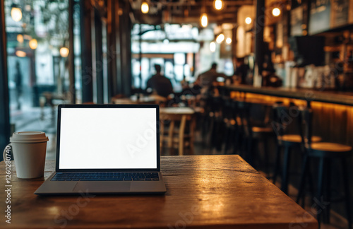 Wallpaper Mural Mockup, laptop blank screen on wood table with coffee cafe background, template for your text advertisement Torontodigital.ca