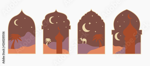 Collection of ramadan arch Islamic windows with modern boho design, moon, mosque dome and lanterns. Vector illustration