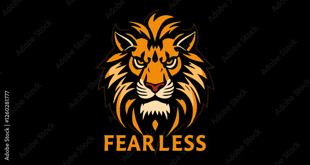 The lion's head is presented in a bold, simplified style, with a rich orange-gold color against a black background The lion's head is presented in a bold, simplified style, with a rich orange-gold color against a black background