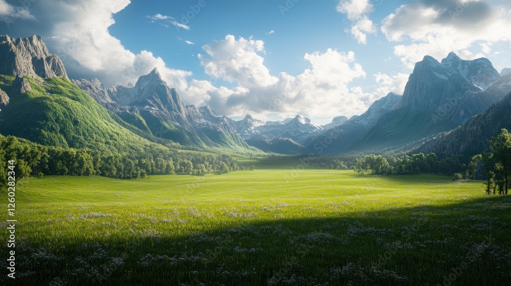Obraz premium Sunny meadow in mountainous valley, idyllic landscape