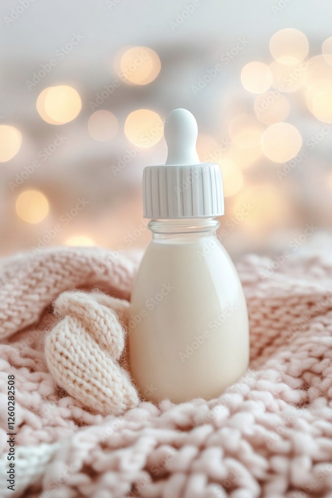 A softly blurred baby bottle filled with warm milk sits on a comfortable pastel blanket. This setting reflects themes of nourishment and tender care for infants