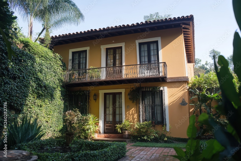 Fototapeta premium Charming yellow house with lush greenery