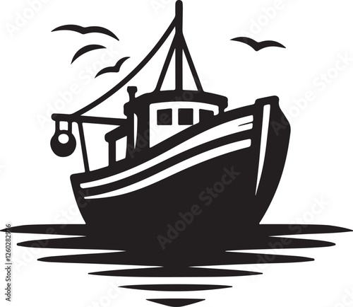 fishing boat logo clip art silhouette icon design vector illustration