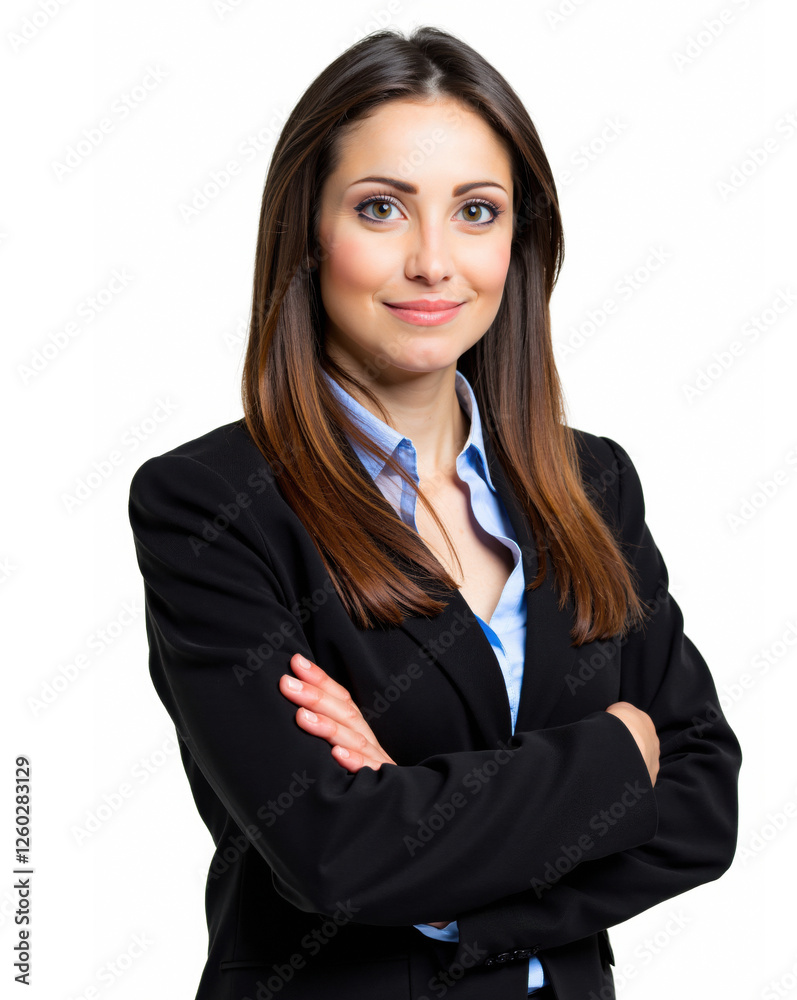 Confident businesswoman smiling with arms crossed on white background Confident businesswoman smiling with arms crossed on white background