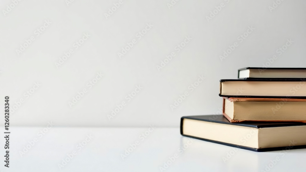 A minimalistic and modern composition of stack of books neatly arranged on the right side against a clean white background, with empty space on the left for text
