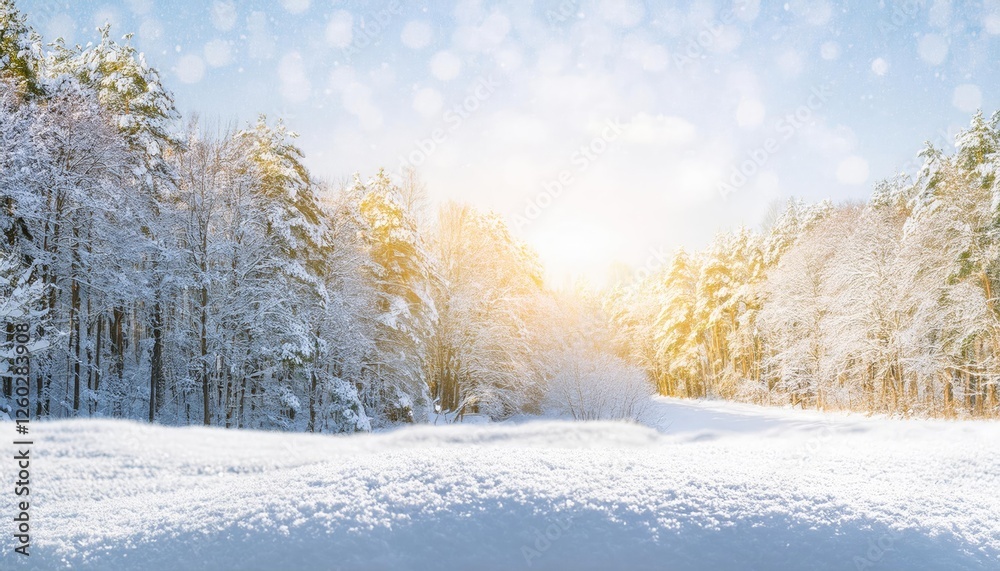 Fototapeta premium Winter solstice concept. Beautiful snowy picturesque forest landscape with snow and drifts 