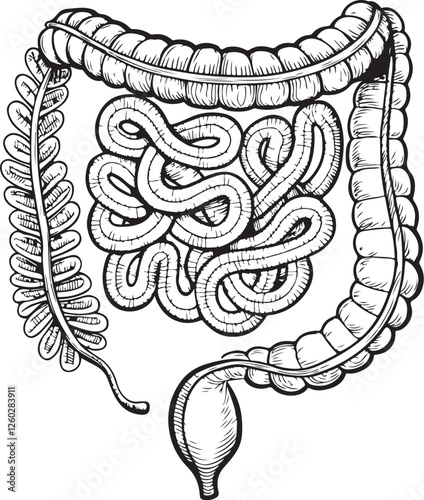 Human Intestines Organ Anatomy Black and White Vector Illustration, Sketch Drawing Linear Line Art Engraving, Isolated