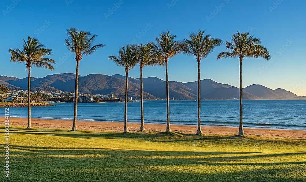 Fototapeta premium Palm trees on grassy beach with ocean and mountains, ideal for travel ads