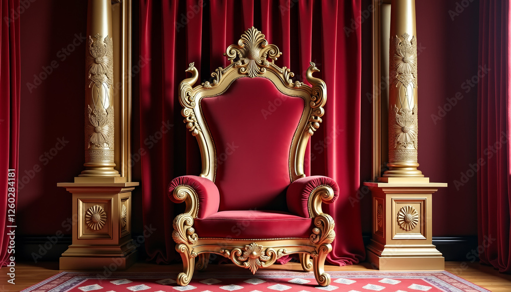 Royal throne room background featuring deep red and gold velvet with detailed wooden carvings of peacocks and floral motifs Royal throne room background featuring deep red and gold velvet with detailed wooden carvings of peacocks and floral motifs