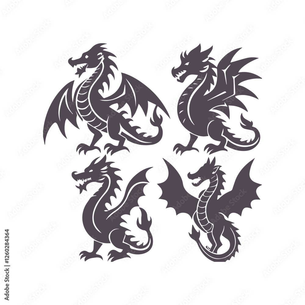 Naklejka premium Dragon Silhouette Clipart Set Vector Illustration Collection